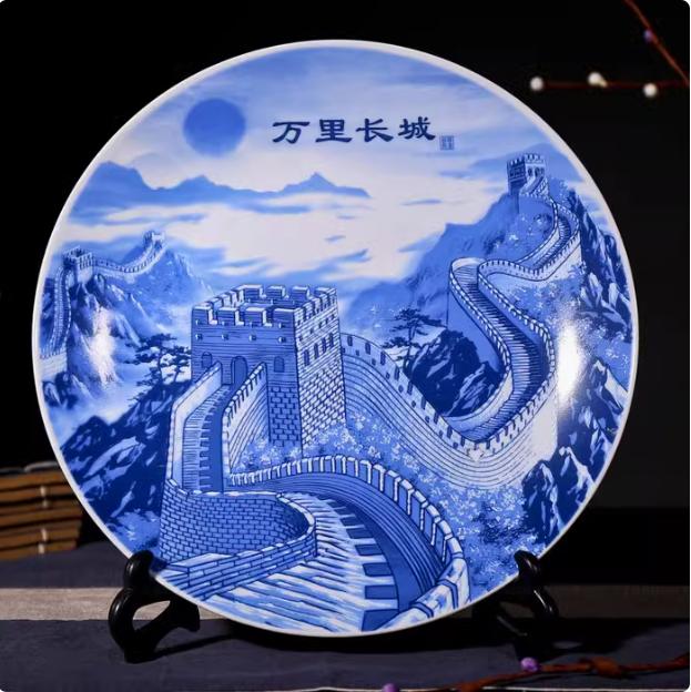 New Chinese-style Lucky Ceramic Plate Chinese Blue and White Porcelain 26cm Porcelain Plate Bracket Set Wedding Gift