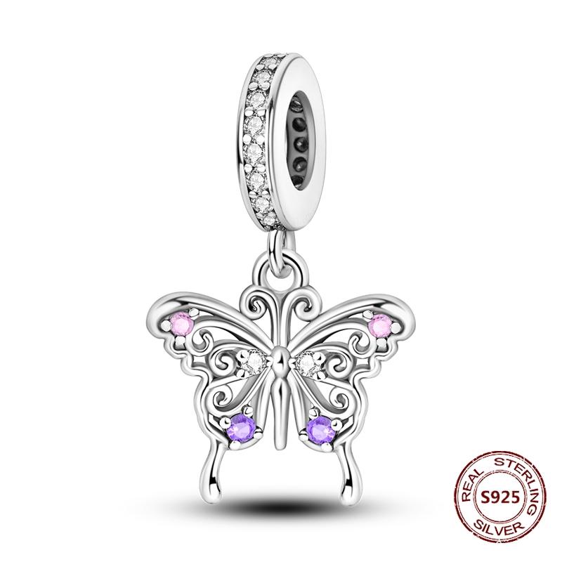Butterfly Charm copper Authentic Pink Blue Zircon Fly Butterflies Safety Chain Clip Charm Bead Charms Compatible With Bracelets Do It Yourself Jewelle