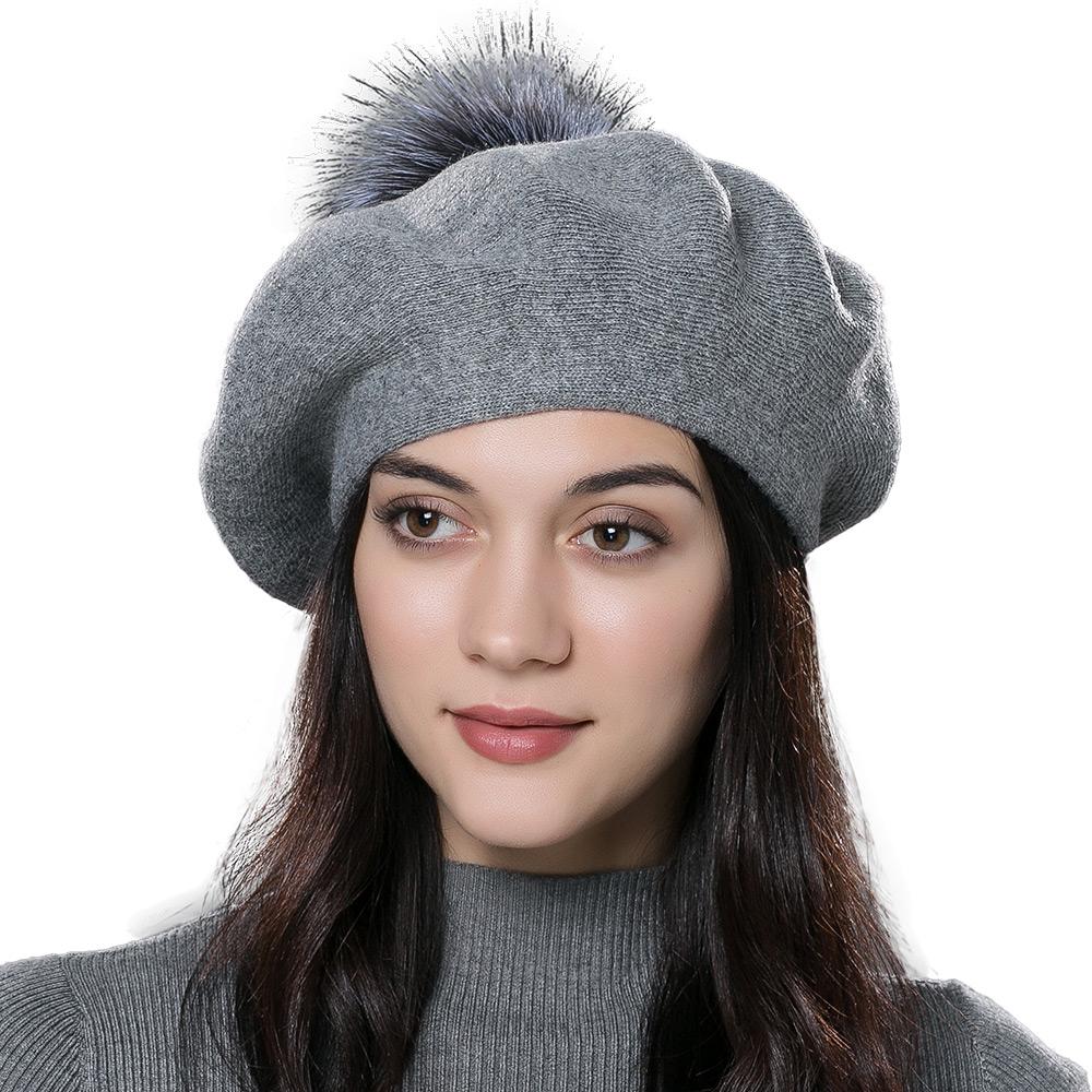 A Women's Beret Knitted Wool Hat with Fur Ball, Fashionable European and American Popular Hat, Autumn and Winter Thick Ear Protection Wool Hat