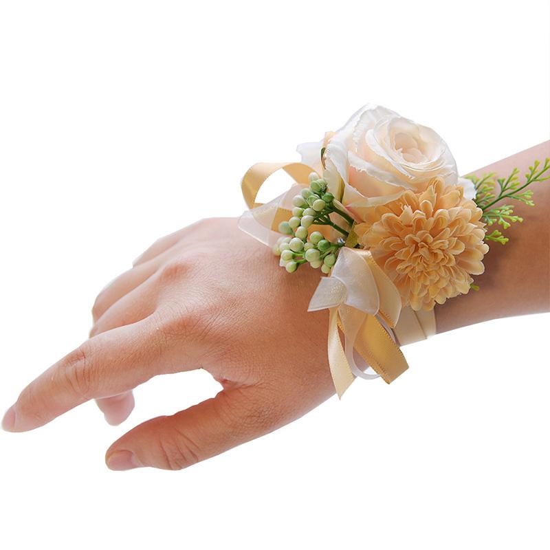 1PC Suit Corsage Pins Elegant Corsage Bracelet Wedding Non-Fading Silk Rose Bridesmaid Wrist Flower Groom Boutonnier