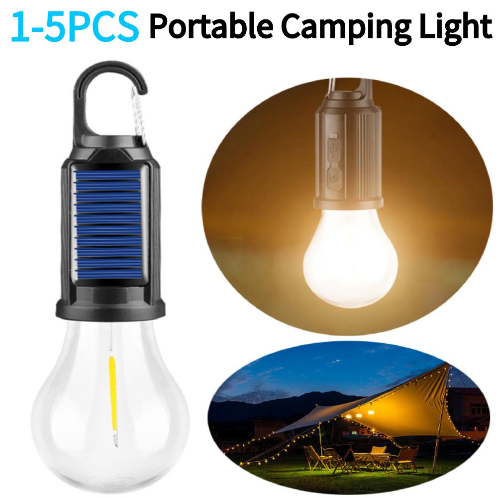 1-5PCS Solar Powered LED Camping Lamp with Hook BBQ Atmosphere Light USB Charging Portable Handheld Lamp for Outdoor Camping