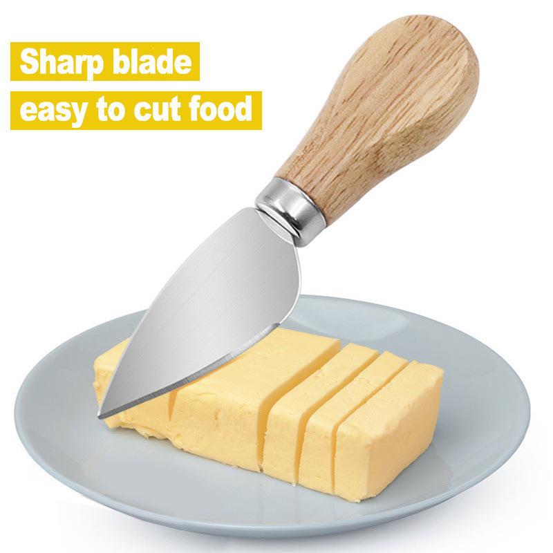 Stainless Steel Cheese Knife Set with Oak Handles: Butter Knife, Pizza Knife, Cheese Knife, and Fruit Fork (4-Piece)