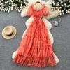 French gentle wind bubble sleeves floral dress women's summer square collar high waist A character temperament cake dress looks thin