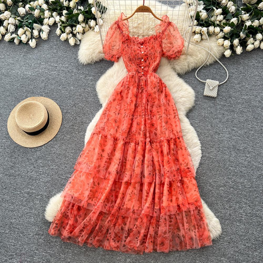 French gentle wind bubble sleeves floral dress women's summer square collar high waist A character temperament cake dress looks thin