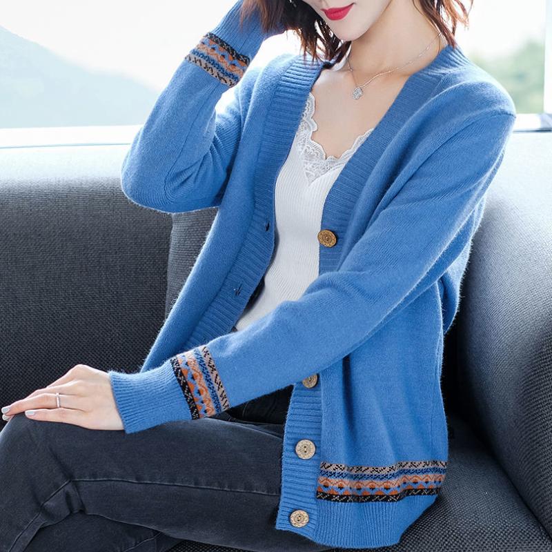 Women's Knitted Sweater Spring and Autumn Models V-neck Colour Blocking Long-sleeved Ethnic Wind Cardigan Jacket Jumper Ladies Tops