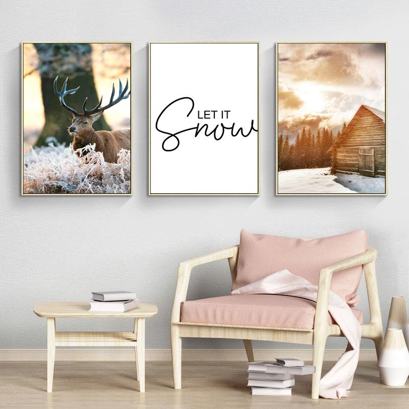 Minimalist Modern Nordic Wall Art Mood Poster Beige Winter Forest Wooden House Painting Wall Pictures for Living Room Decor