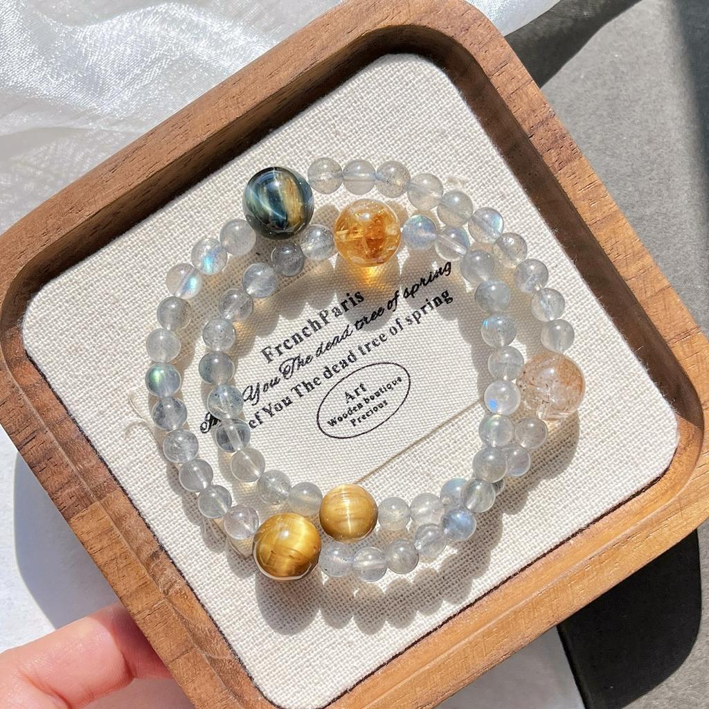 6Mm Autumn And Winter Natural Gray Moonstone Tiger'S Eye Stone Citrine Design Sense Multi-Circle Bracelet Bracelet.