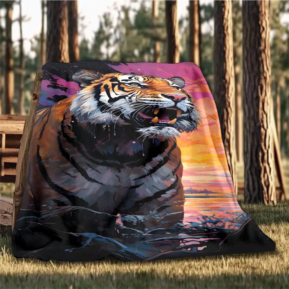 1pc Tiger Print Print Outdoor Blanket, Lightweight Polyester,