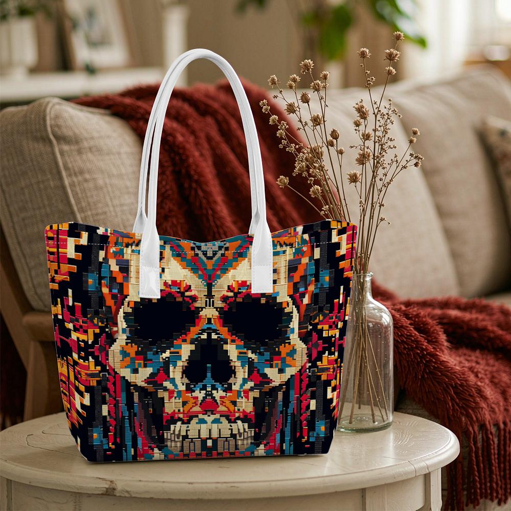 Pixel Skull Pattern Tote Bag Street Style Trendy Women's Shopping Shoulder Bag