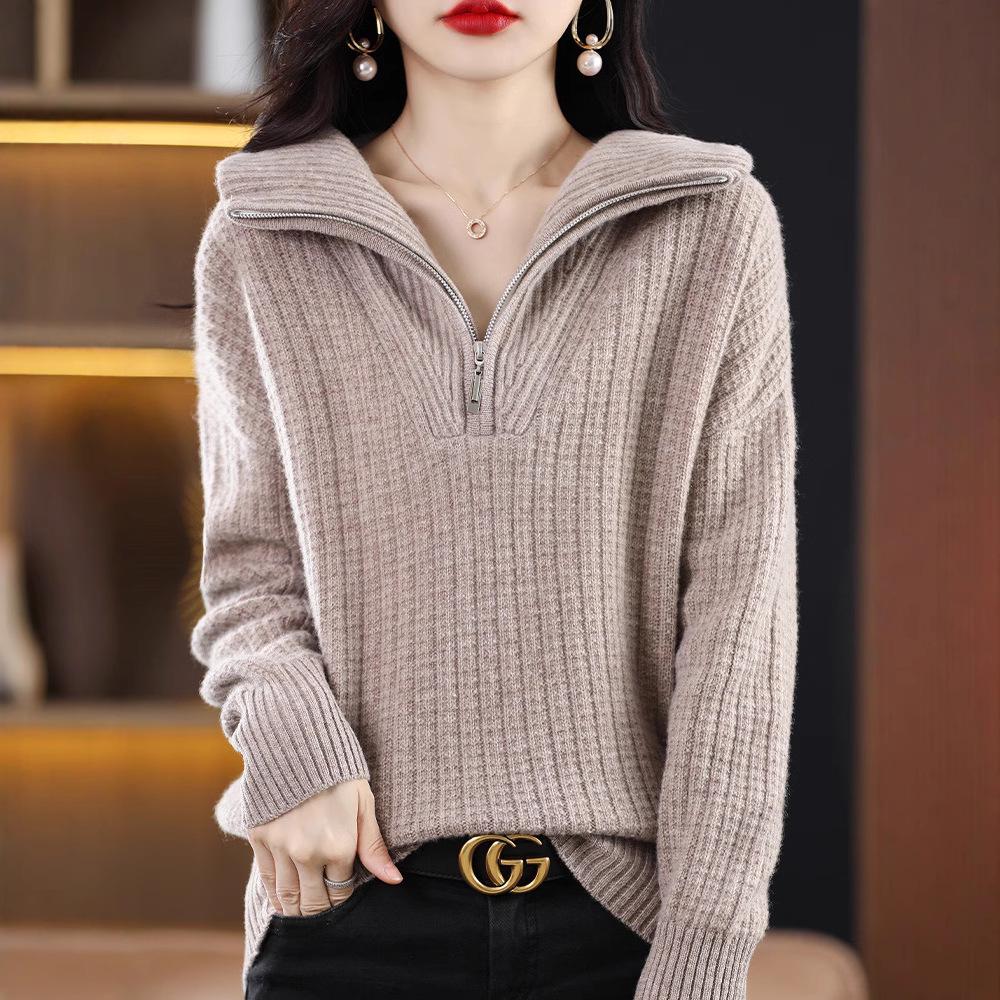 

Women s Wool Half-Zip Sweater with Thick Lapel - Slim Fit Knit for Autumn/Winter XL (125-135 jin)