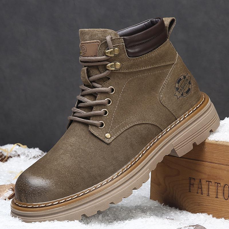 Men's High-Top Warm Genuine Leather Martin Boots - Yellow, Casual Outdoor Hiking & British Work Style for Autumn/Winter