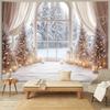 A Christmas Tree and a Polyester Background Cloth with a Snowy Scene Outside the Window  Suitable for Living Room Decoration