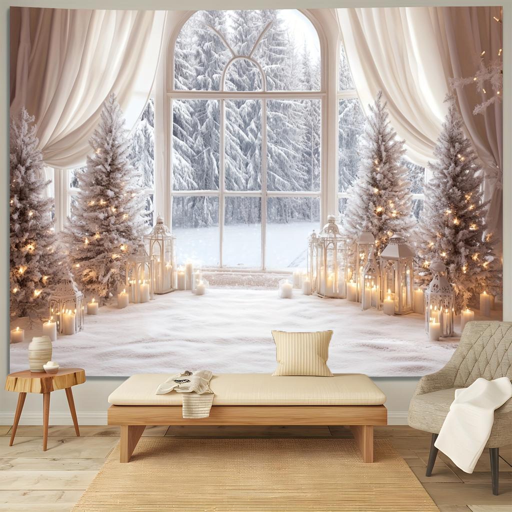 A Christmas Tree and a Polyester Background Cloth with a Snowy Scene Outside the Window Suitable for Living Room Decoration