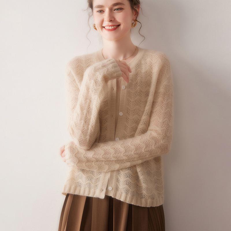 2025 A/W Women's Round Neck Wave Pattern 100% Cashmere Cardigan Sweater
