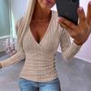 Autumn New Style Pit Button Knitted Pullover V-neck Slim Long-sleeved T-shirt for Women