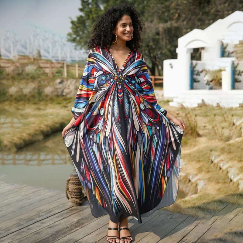 Vestidos casuales holgados con cuello en V y manga larga con estampado de bloques de color para mujer, primavera y otoño