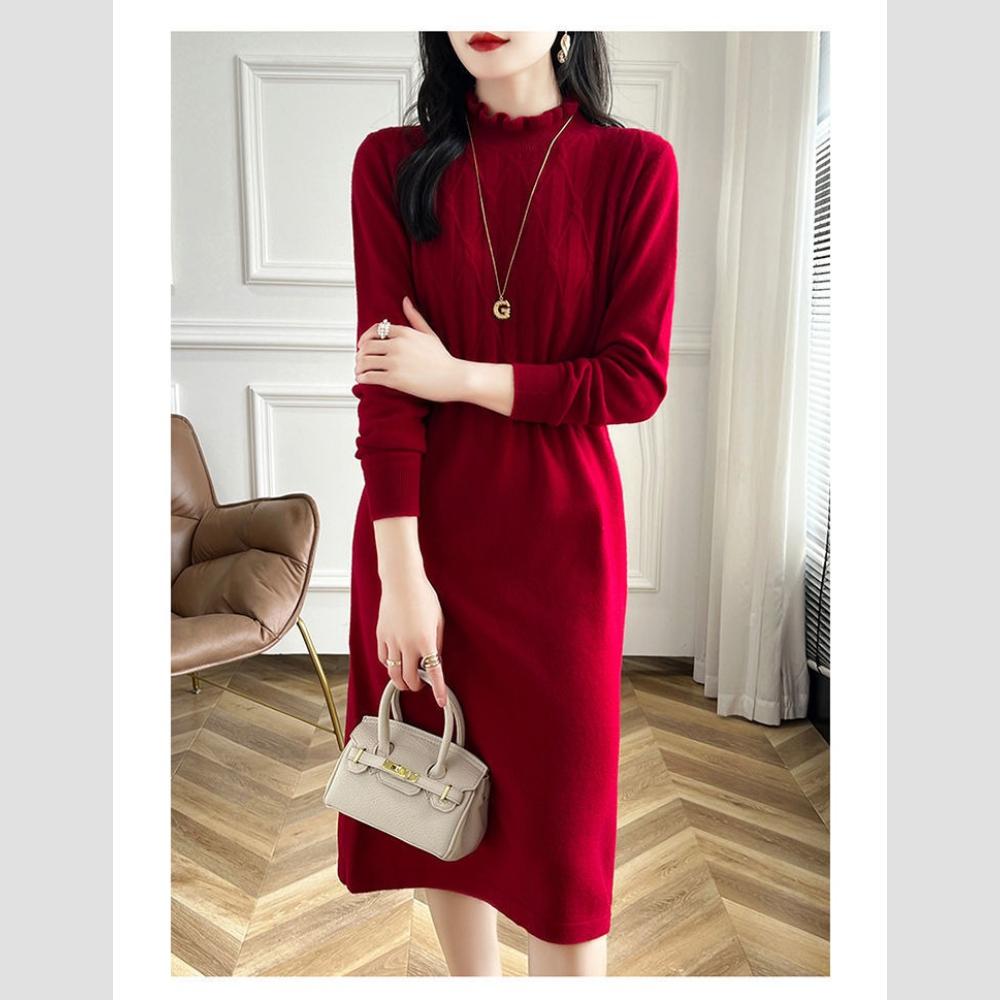 Large-sized Half Turtleneck Mid-length Sweater Dress for Women Solid Color Casual Knitted Dress with Loose Knitted Sweater for Autumn and Winter