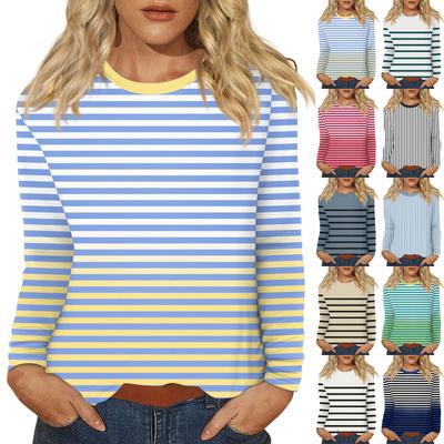 Women's Daily Casual Long-sleeved Striped Printed Crew-neck Top