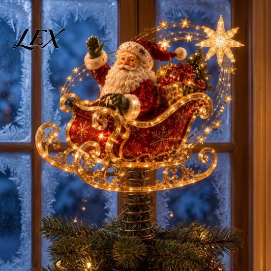 Gold Silver Red Tree Topper Lighted Christmas Topper, Illuminated Santa Claus Gingerbread Nutcracker Treetop Decorative Geometric Crown Ornament with