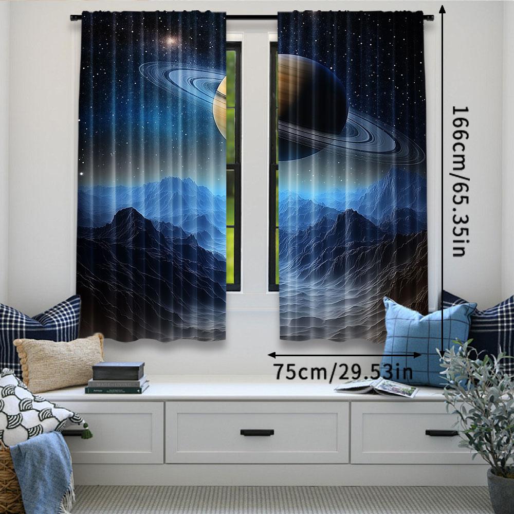 Set Of 2 Starry Night Galaxy Curtains Aesthetic Art Popular Cosmic Planet Suitable Bedroom Living Room Curtain Polyester Perfect For Sitting
