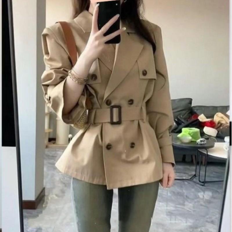 Women's Autumn and Winter Korean Windbreaker Temperament Waist Slim Double-breasted Lapel Jacket