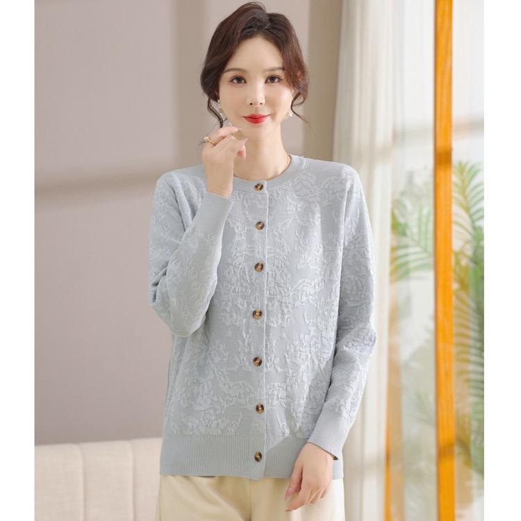Mom's Autumn Knitted Cardigan Two-piece Set New Style Middle-aged and Elderly Women's Summer Long-sleeved Jacket Top
