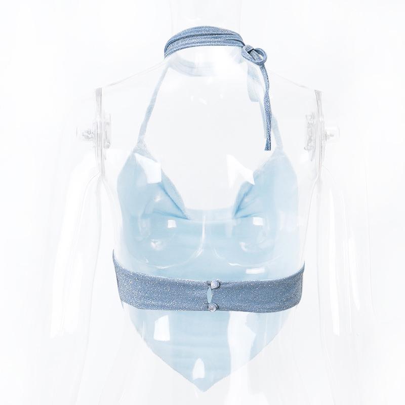 Halter Top Glitter Tanks 2025 Summer Outfits Blue Bright Silk Camis Ruched Top Crop Backless Vests Sexy Tops Cropped Clothes
