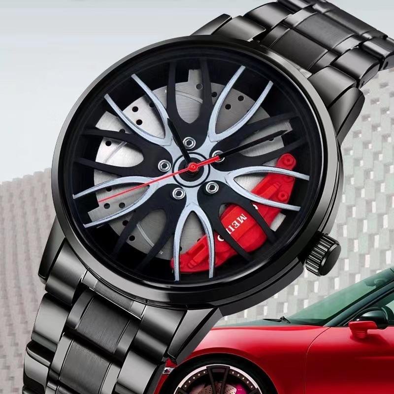 Watch Men'S Fashion Sports Personality Racing Wheel Black Steel Belt Quartz Watch Men'S