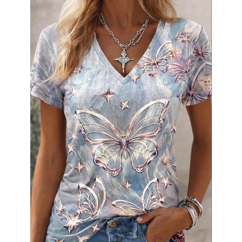 Women's T Shirt Print Graphic Plants Abstract Stylish Classic Casual Short Sleeve V Neck Regular Tops