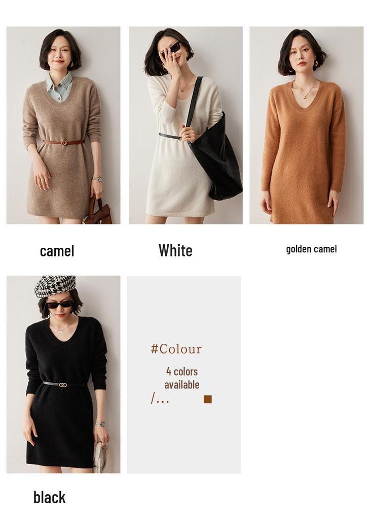 Cashmere Knit U-Neck Mid-Length Sweater Dress - Autumn/Winter Loose Fit Japanese Style.