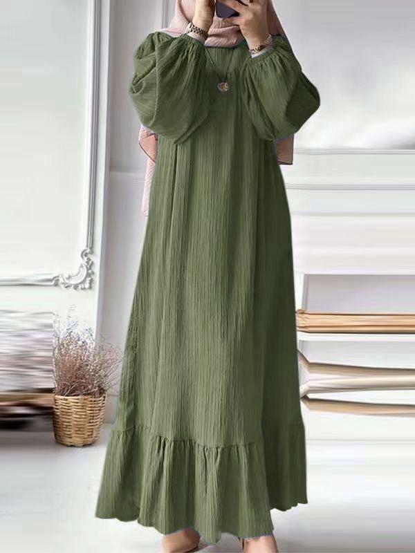 In-Stock Pleated Vintage Muslim Women's Robe with Puff Sleeves and Pocket Hem Ruffle Dress