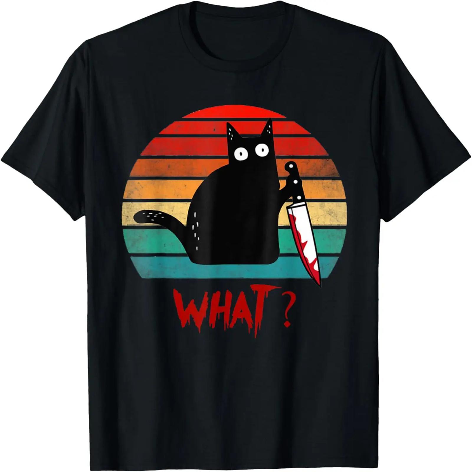 Vintage Cat What_ Funny Black Cat Murderous Cat With Knife T-Shirt S