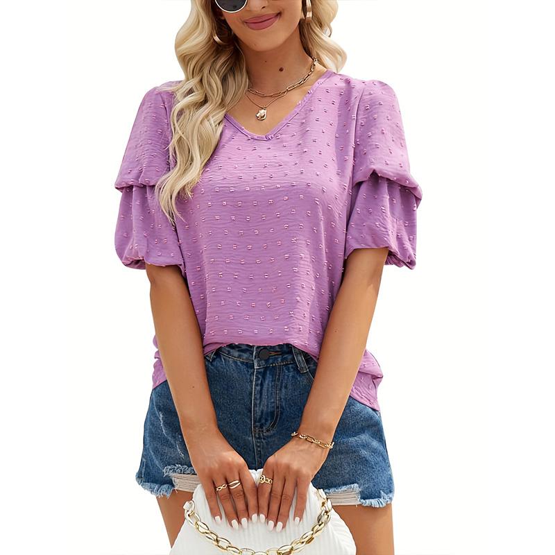 

Женская летняя рубашка с пышными рукавами и V-образным вырезом, однотонная пуловерная рубашка, блузка, топ XL фиолетовый