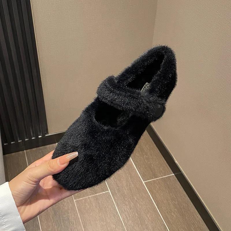 

Мода 2024 Зимние Теплые Женские Плюшевые Балетки в Корейском Стиле Мэри Джейн Женские Повседневные Туфли-Лодочки Уличная Рабочая Обувь 35 чёрный