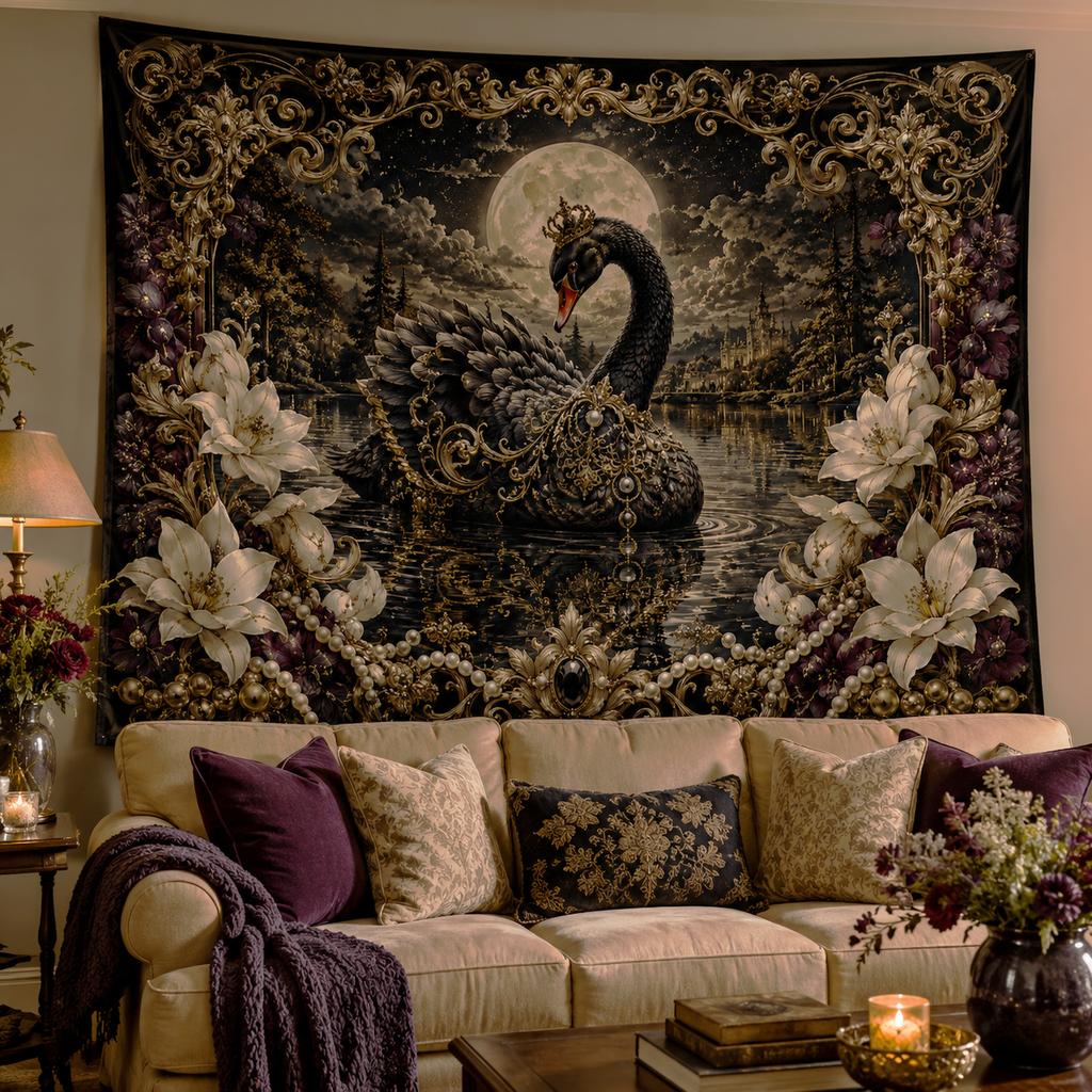 Gothic Black Swan Wall Tapestry Polyester Moonlit Night Wall Hanging Aesthetic Room Decor Witchy Room Decor Blanket for Bedroom