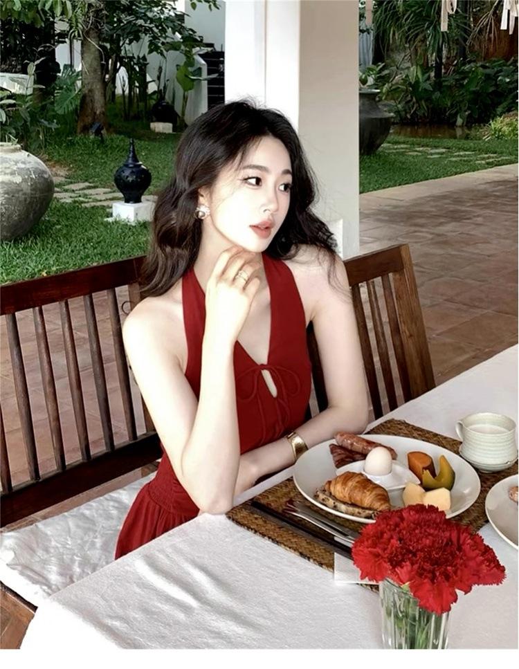 [Summer Muse] Red Hong Kong Style Retro Neck Backless Dress Summer French Sleeveless Long Dress