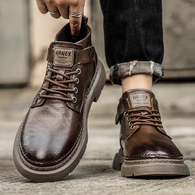 Botas cortas de cuero de estilo británico de caña media para hombre, combinables con todo, de otoño, zapatos de cuero, botas de trabajo vintage para hombre