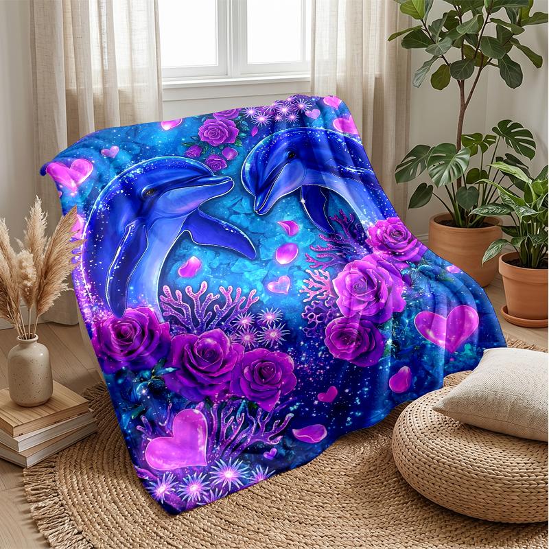 Ocean Love Dolphins Theme Blanket Lightweight Warm Flannel Blanket Decorative Throw Blanket for Home Decoration