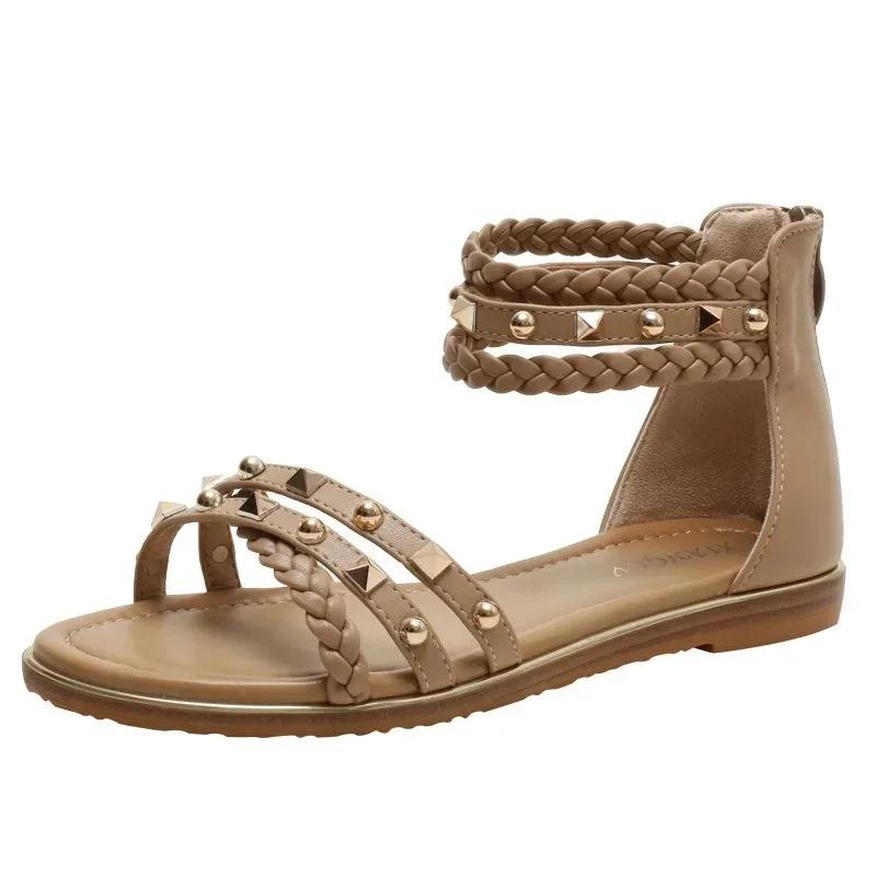 Fashion New Bohemian Style Woven Roman Sandals Women's Summer Casual Flat Bottomed Minimalist Beach Vacation Rivet Thin Band Sandals 42