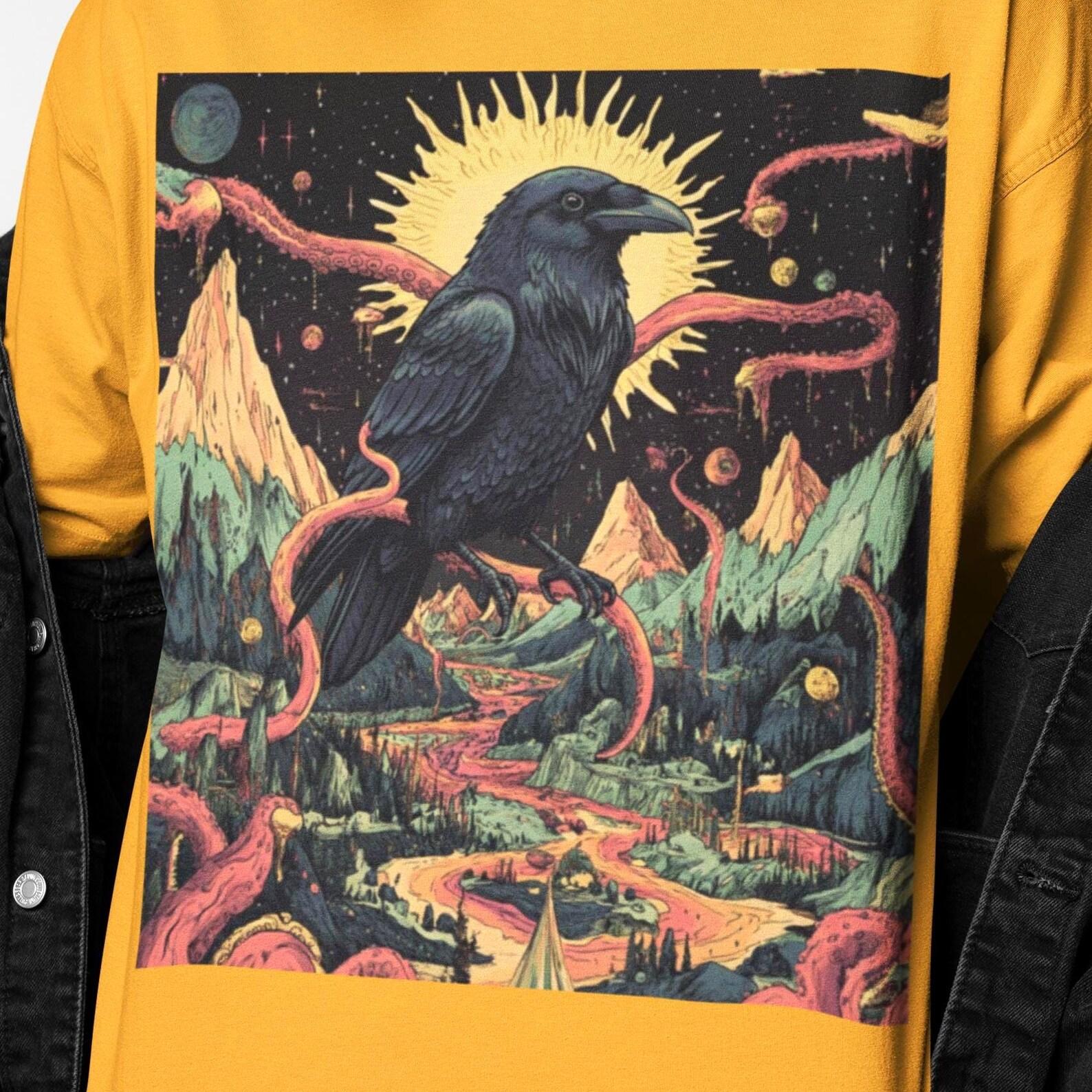 Psychedelic Raven Shirt | Trippy Raven Graphic Tee | Surreal Cosmic Bird T Shirt | Fantasy Raven Gift S