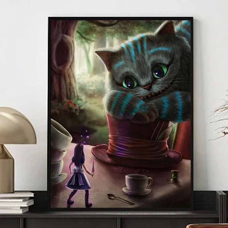 Disney Diamond Painting Cheshire Cat X Alice in Wonderland Dark Fairy Tale Artwork Diamond Mosaic Cross Stitch, Diamond Inlaid Room Decoration Gift