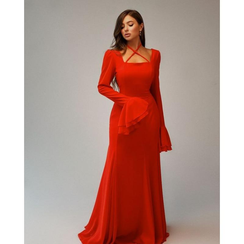 Frühling und Herbst Neue Damen Quadrat Kragen Trompete Ärmel Hohe Taille Slim-fit Elegante Kleid