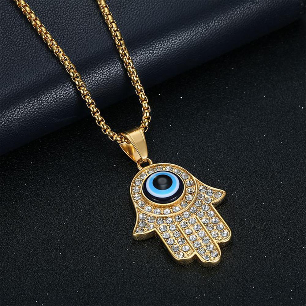 New Turkish Evil Eye Hasma Hand of Fatima Pendant Gold Color Stainless Steel Palm Amulet Necklace For Women Men Jewelry Gift