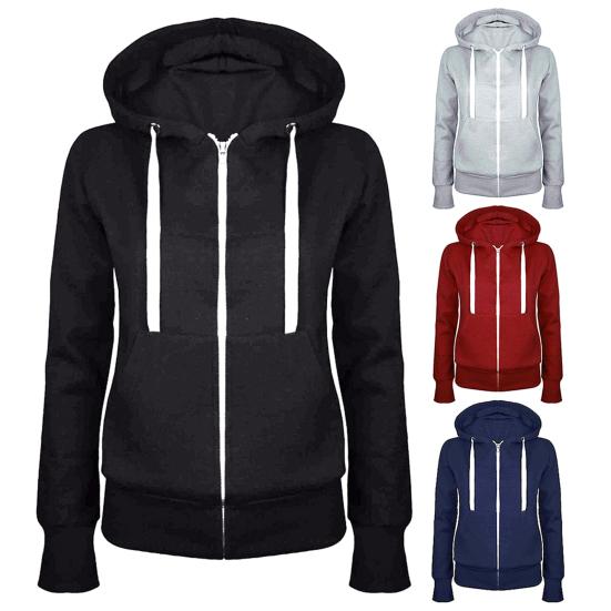 Felpa Casual Calda Cotone Tinta Unita Manica Lunga Felpa con Cappuccio da Donna
