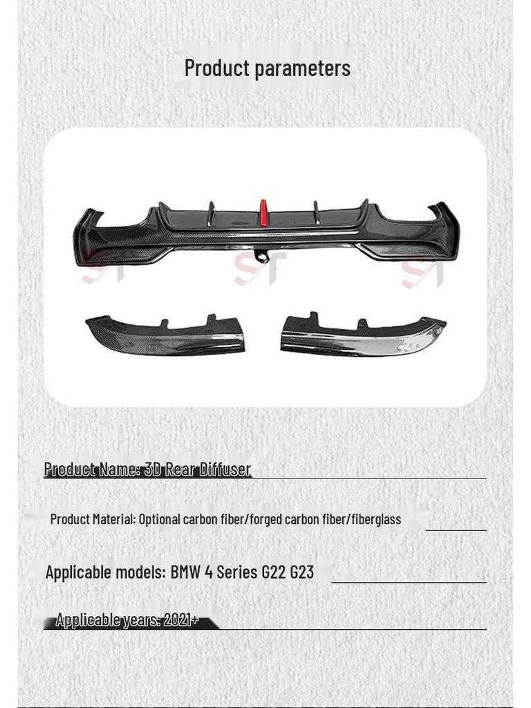3D Style Carbon Fiber Rear Diffuser with Corner Extensions & Lights for BMW 4 Series G22/G23