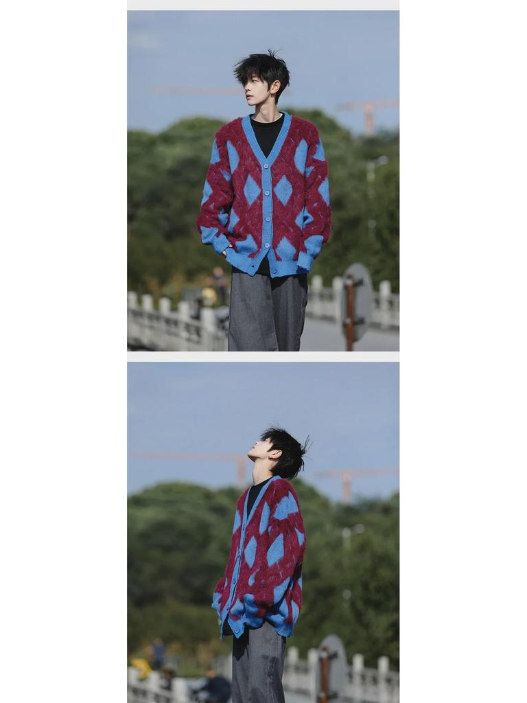 Herren Retro College-Stil Rautenmuster Strickjacke - Herbst/Winter Freizeitstrickpullover für Paare.