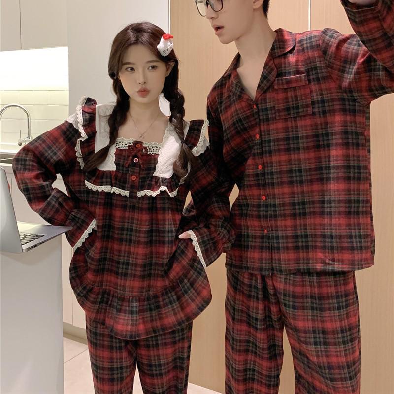 Korean Style Autumn/Winter Couples Red Plaid Lace Homewear Set: Comfortable and Sweet.