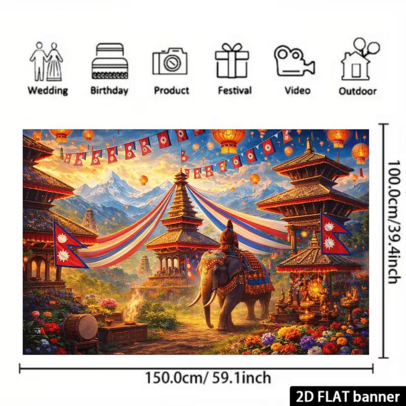 Vibrant Nepalese Festival Tapestry, Colorful Temple Celebration with Elephant, Floating Lanterns and Snow-Capped Himalayas, Rich Cultural Wall Art