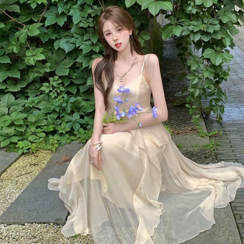 French super fairy vacation wind beach dress women's summer new sexy backless suspender ruffle dress