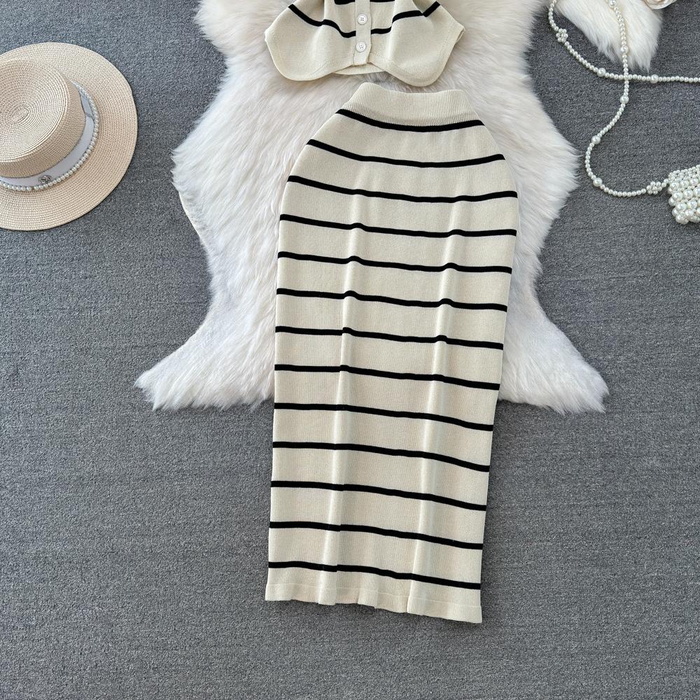 Conjuntos de 2 peças roupas femininas listradas malha sem mangas decote em v tanque + saias envolventes verão cintura alta saia conjunto moda dropship